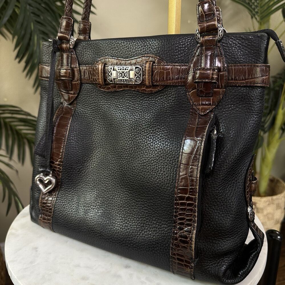 Brighton Shoulder Satchel Black Pebbled Leather Cognac Embossed Croc Silver Mint